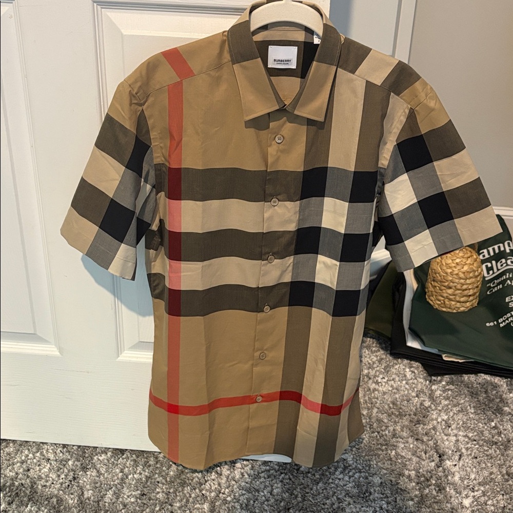 Burberry Tan and Black Button-Down Shirt
